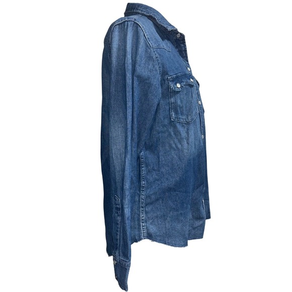 Lucky Brand Small Western Denim Medium Wash Pearl Snap Raw Hem Long Sleeve Shirt - Picture 2 of 8